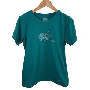Life is Good T-Shirt Women's M Teal Green Airstream Camper Dog Graphic Tee